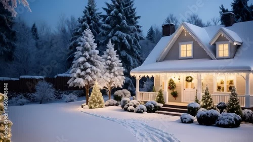 Inviting snowy home exterior decorated with Christmas lights and snow-covered trees on a winter evening landscape, creating a festive holiday scene