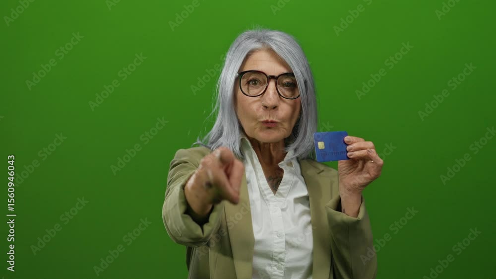 Senior woman with grey hair points at camera holding credit card with green wall background suggesting finance and banking related themes for promotional content