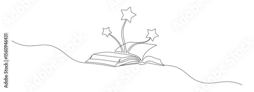 Opened book with flying page and stars in one continuous line drawing. Magic of reading and children library concept in simple linear style. Editable stroke. Doodle monoline vector illustration