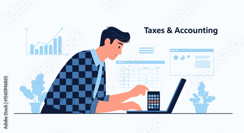 Accounting Illustration Of A Man Doing Taxes On His Laptop With Financial Charts