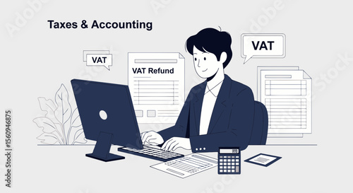 Accountant Processing Vat Refund On Computer Illustration And Calculating Taxes