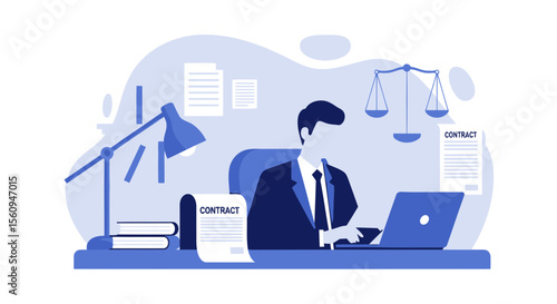 Attorney Reviewing Contract At Desk With Legal Documents And Laptop