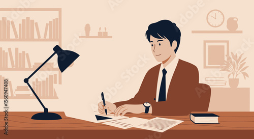 Concentrated Young Professional Drafting Business Documents At Office Desk