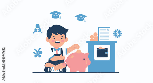 Boy Saves Money For Future Education And Childhood Development Financial Literacy