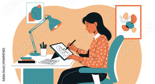 Creative Woman Designing Illustration Digitally With Tablet For Work From Home Scene
