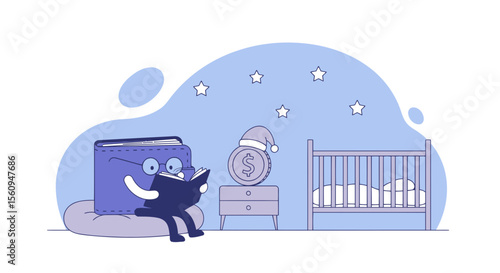 Wallet Reading Bedtime Story To Coin Cartoon In Nursery Room Illustration
