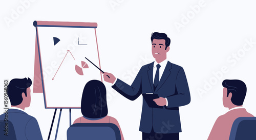 Business Presentation Of Sales Data Analysis With Flip Chart And Pointer