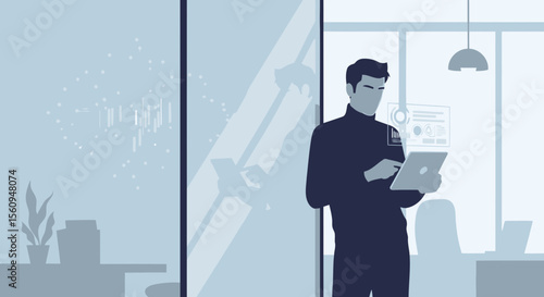 Businessman Using Digital Technology for Financial Analysis in Modern Office Space