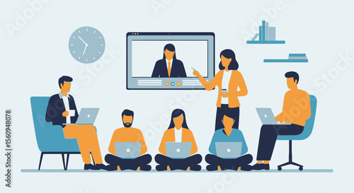 Diverse Team Attending Online Meeting Or Webinar Learning Together In A Creative Office