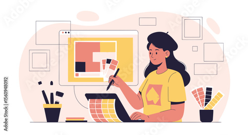Creative Woman Design Modern Brand Identity With Color Palette And Laptop
