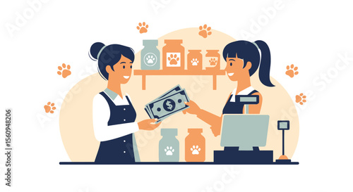 Paying For Pet Supplies At The Store Transaction With Cash Illustration