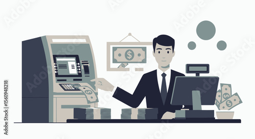 Busy Banker Dealing With Multiple Transactions At A Financial Institution