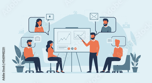 Business Meeting Online Conference Discussing Presentation In Virtual Office Space