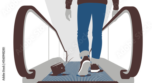 Man Walking On Escalator Accidentally Drops Wallet Unnoticed Illustration