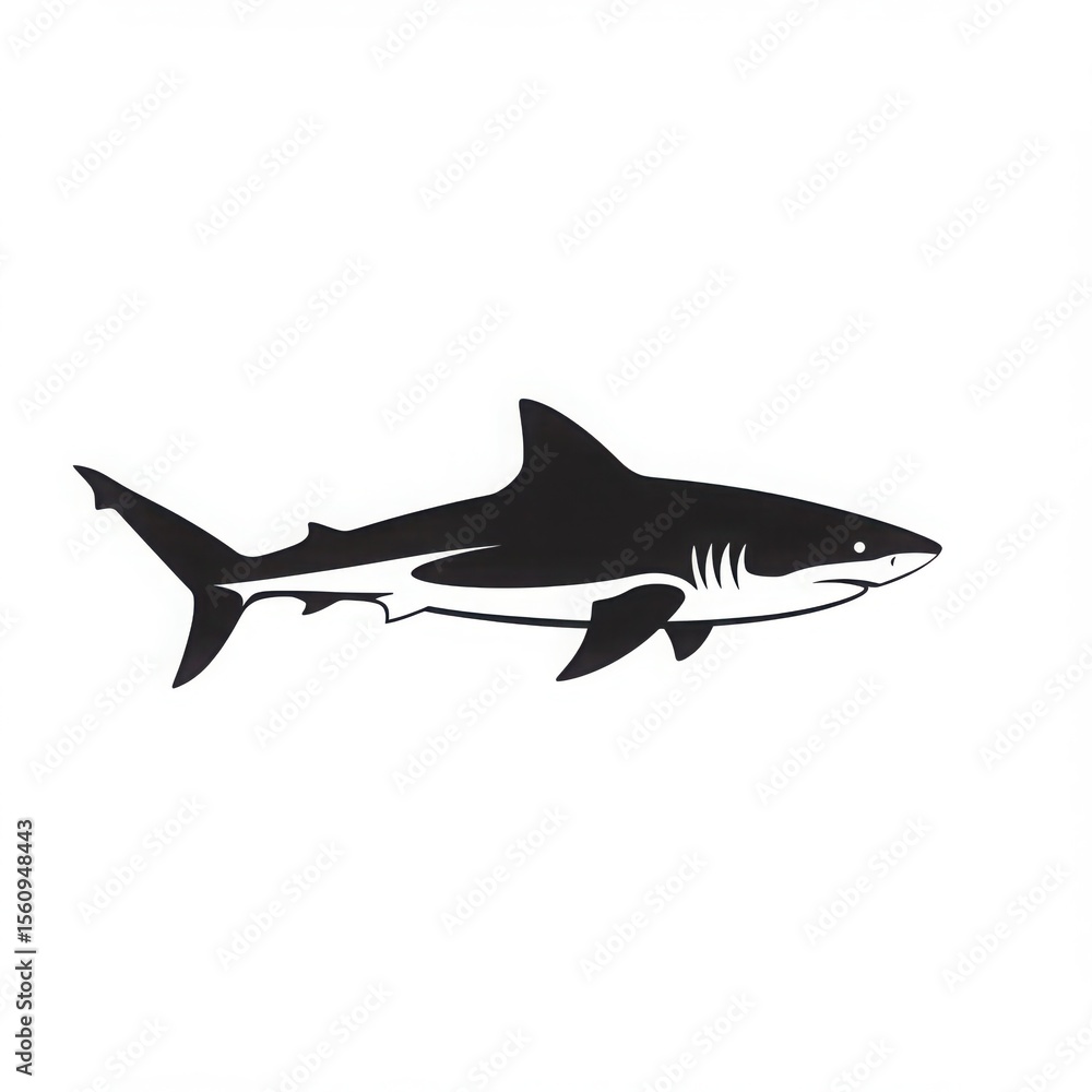 Obraz premium Black silhouette of a great white shark swimming isolated on white background