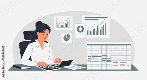 Businesswoman Analyzing Financial Data At Her Desk In Front Of Charts
