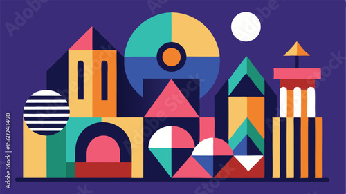 Abstract geometric townscape design featuring colorful buildings and structures on a white background