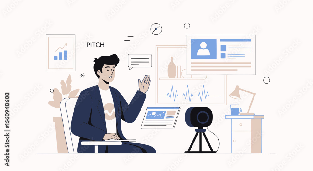 Confident Entrepreneur Presenting Pitch Deck In Modern Visual Presentation Meeting Confident Entrepreneur Presenting Pitch Deck In Modern Visual Presentation Meeting