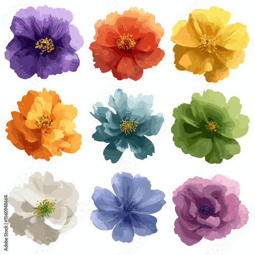 Colorful vector illustration of nine different flowers isolated on white background