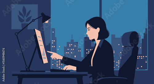 Businesswoman Analyzing Data Charts Late at Night with Cityscape Background
