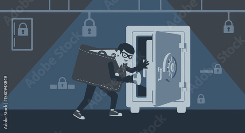 Cartoon Illustration Of A Thief Opening A Safe With A Wallet Costume