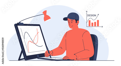 Creative Designer Working On A Digital Drawing Tablet With Desk Lamp And Graph Visualization