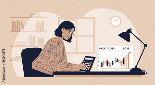 Focused Woman Analyzing Financial Data With Calculator At Home Workspace