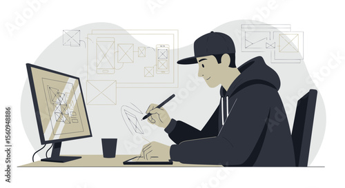 Creative Designer Developing Application Interface Layouts Using Graphic Tablet