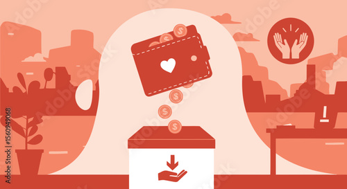 Heartfelt Generosity: A Wallet Giving Coins To A Charitable Donation Box Illustration