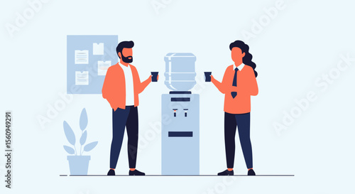 Corporate Water Cooler Break Two Colleagues Chatting In An Office Environment