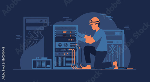 It Engineer Working On Server Racks Data Center Maintenance In A Server Room