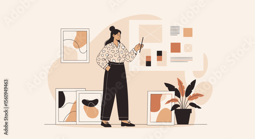 Creative Woman Presenting A Modern Interior Design Concept With Art Pieces