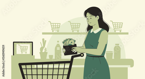 Elegant Woman Preparing To Pay At The Supermarket With Cash Money From Wallet