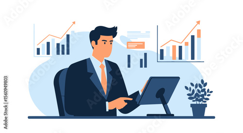 Entrepreneur Analyzing Financial Charts Data On Modern Device In Bright Office