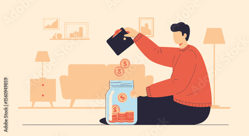 Man Savings Coins In Jar At Home Illustrates Financial Planning Concept