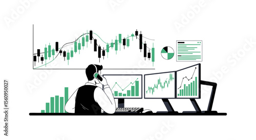 Financial Analyst Monitoring Stock Market Data On Multiple Computer Screens