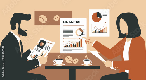 Financial Analysts Discussing Company Growth And Investment Over Coffee Concept