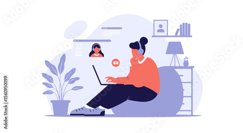 Illustration Of A Woman Attending A Video Conference In A Comfortable Home Setting
