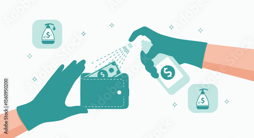 Money Sanitization Prevent Spread Of Germs Cleaning Dollar Bills With Disinfectant