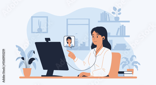 Woman Using Computer For Virtual Communication In Home Office Environment