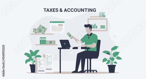 Man Handles Finances With Bills Taxes and Accounting Working From Home