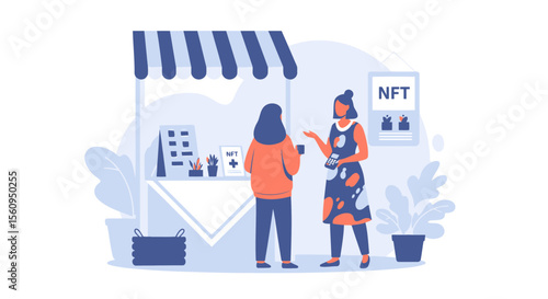 Nft Vendor Explaining Digital Artwork Investment Opportunities To A Client
