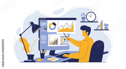 Analyzing Market Data With Modern Charts At Home Office In Flat Design Style