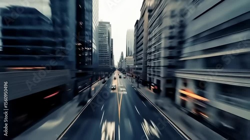A dynamic, high-angle tracking shot moves rapidly down a wide city street lined with modern skyscrapers under an overcast sky, conveying urban speed.