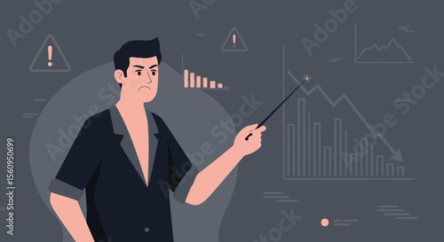 Worried Businessman Presenting The Company's Losses With Downtrending Bar Chart