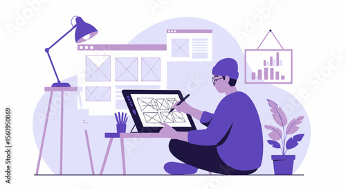 Freelance Designer Creating Website Layout On Digital Tablet At Home Office