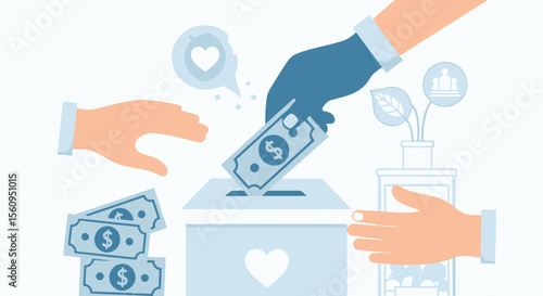 Illustration Of Hand Putting Money Into Donation Box With Heart Design