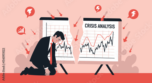 Devastated Man Kneels Before Broken Charts Representing Business Financial Crisis