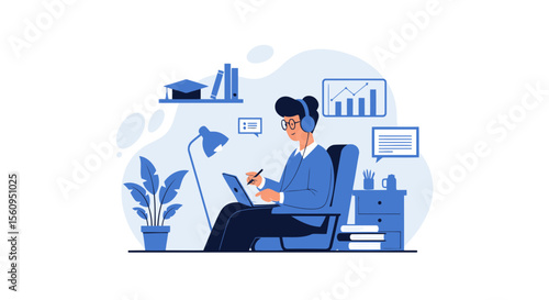 Focused Student Engaged In Online Learning At Home In Comfortable Environment
