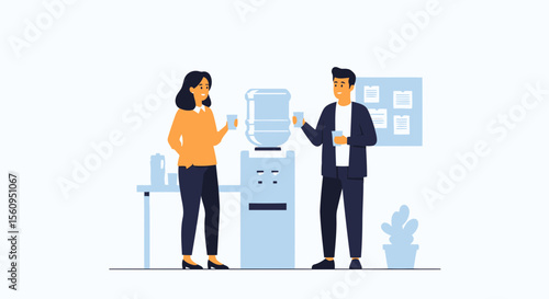 Informal Chatting Office Colleagues At Water Cooler During Break Time